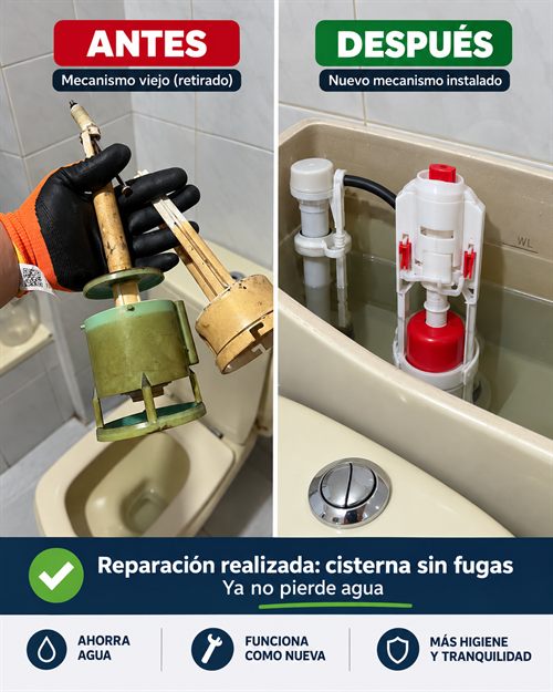 Antes y después de una reparación de cisterna en Valladolid: mecanismo viejo retirado y mecanismo nuevo instalado